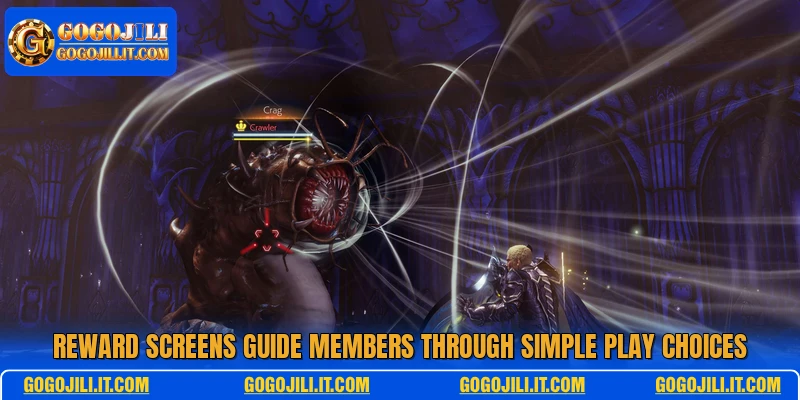 Reward screens guide members through simple play choices